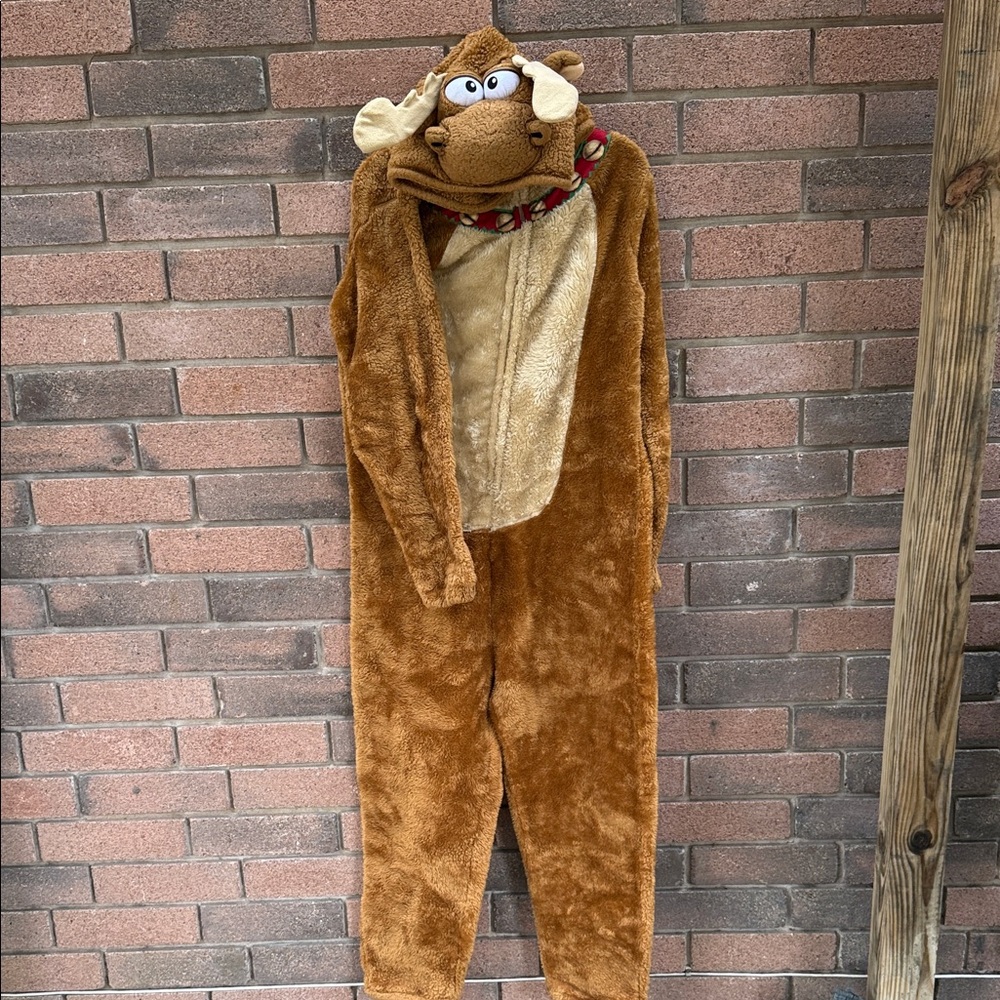 Reindeer Holiday Onesie Plush Pajama With Hood Men's Size XL